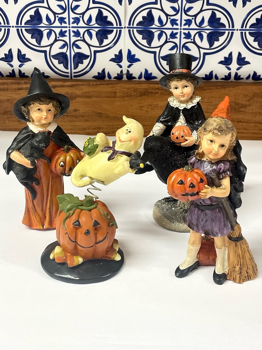 Halloween Collectible Figurine Bundle 4 Piece Witch Girl Raven Pumpkin Decor